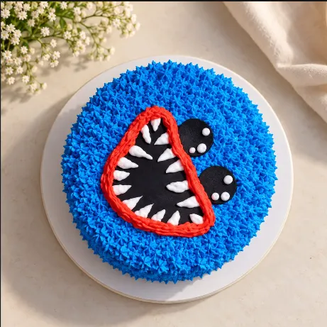 Round blue kids cake piped like fur with a big toothy monster smile and eyes
