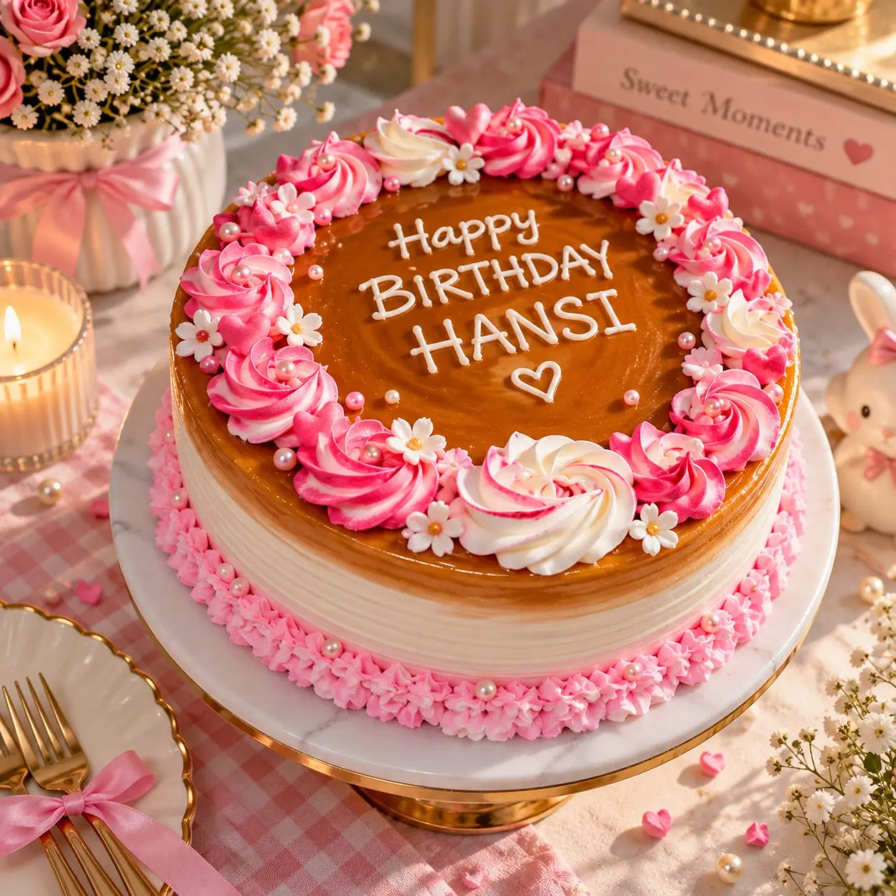 Birthday cake with a glossy caramel top, pink and white rosettes and pink star piping on the sides