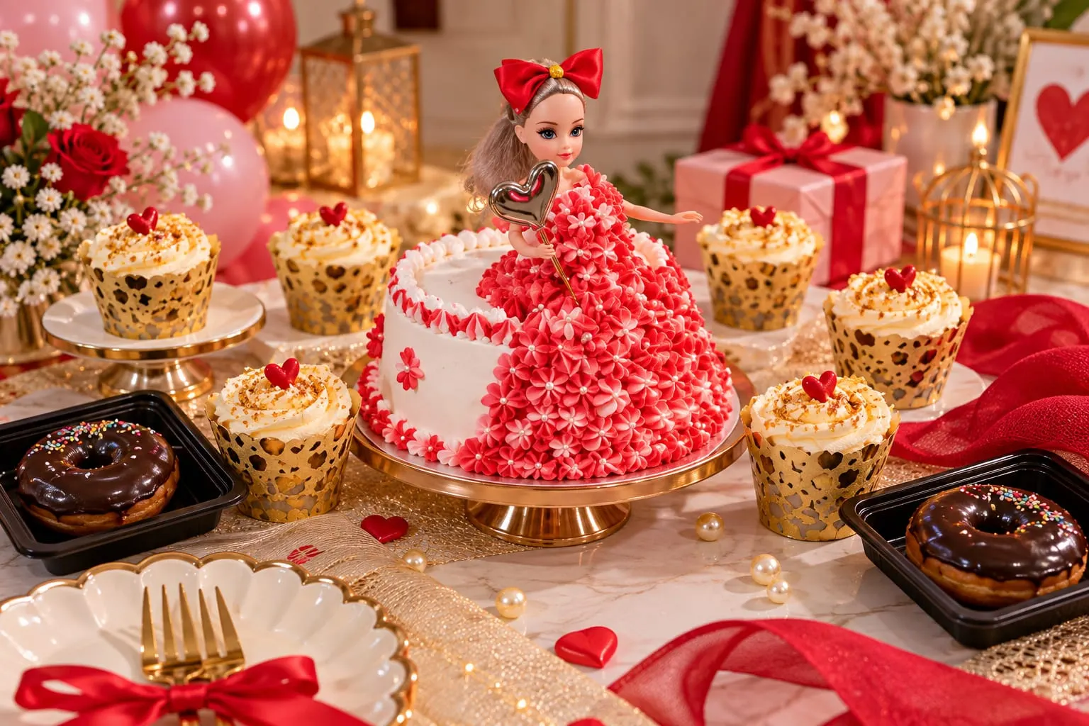 Doll cake in a red and pink piped flower skirt on a party table