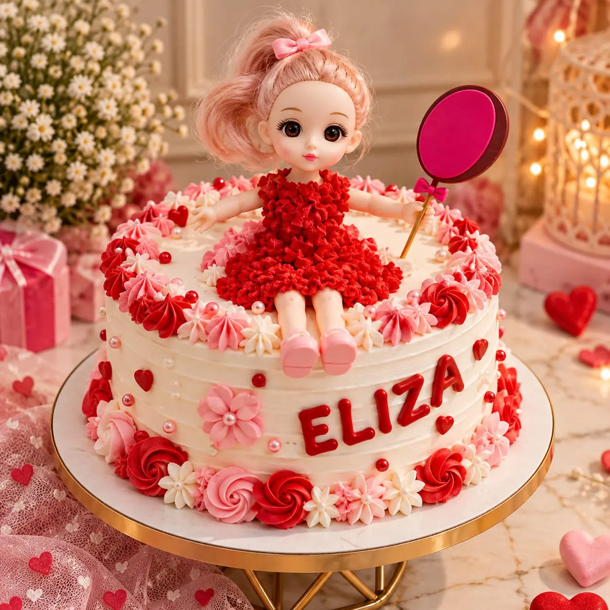 White cake with a small doll in a red dress sitting on top, red and pink rosettes and a name in red letters