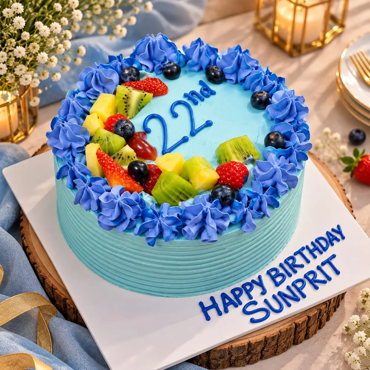 Pale blue birthday cake topped with kiwi, strawberries, blueberries and pineapple inside a ring of blue cream