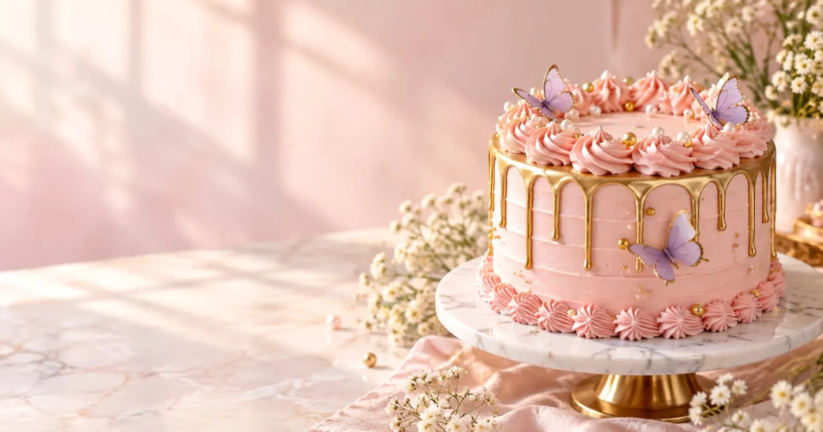 Pink cake with a gold drip, piped rosettes and lilac butterflies on a marble cake stand