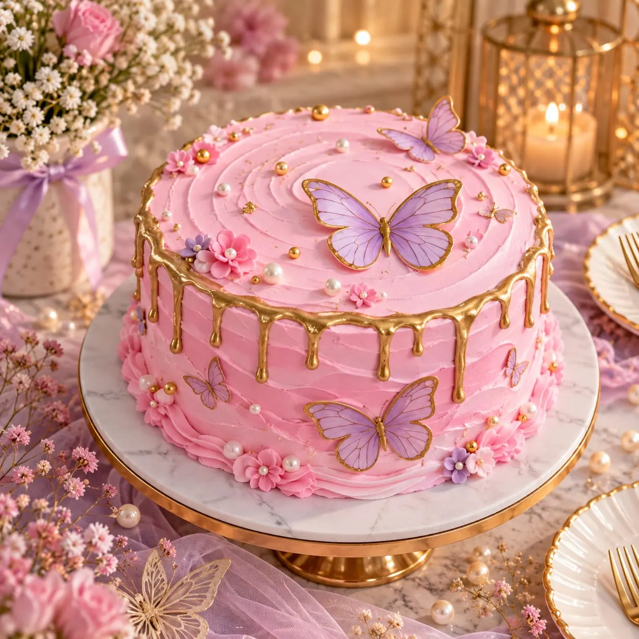 Pink cake with a gold drip, lilac butterflies, small flowers and pearls