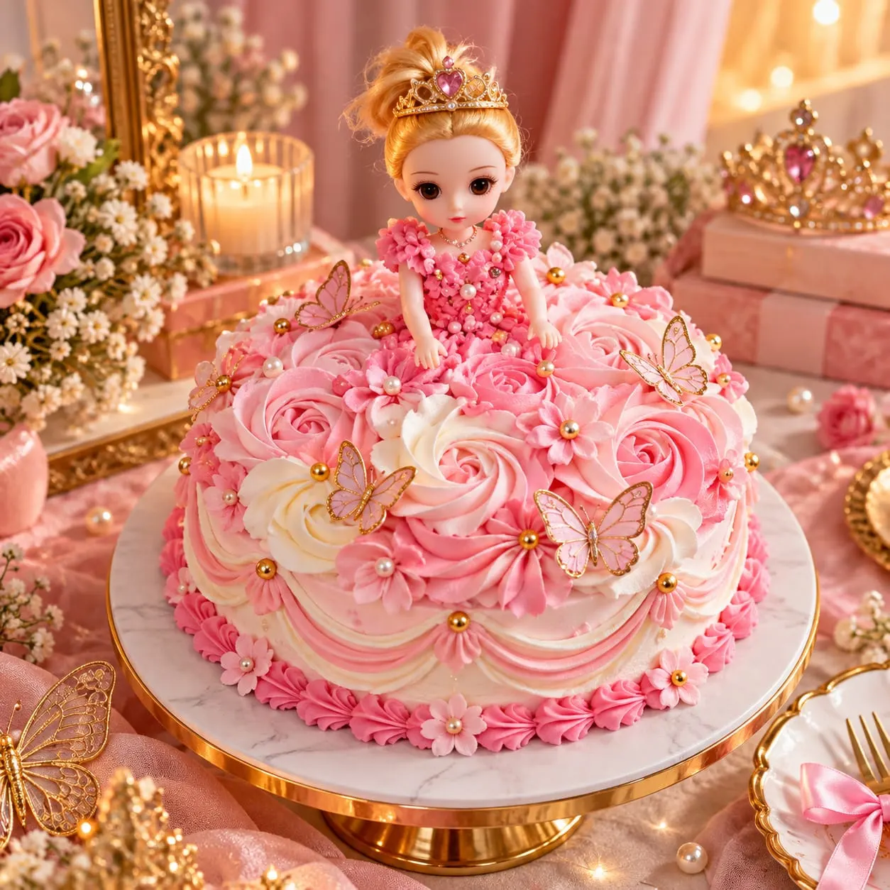 Princess doll cake with a tiara, pink and white rosette skirt, butterflies and pearl swags