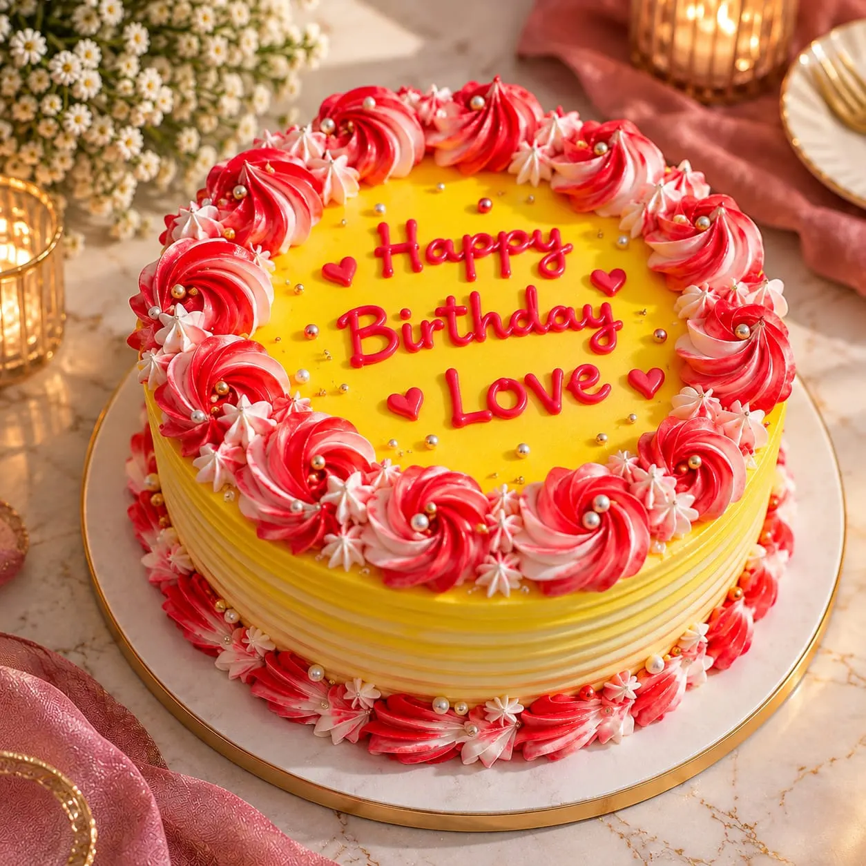 Yellow cake with red and pink striped rosettes and Happy Birthday Love piped in red with small hearts